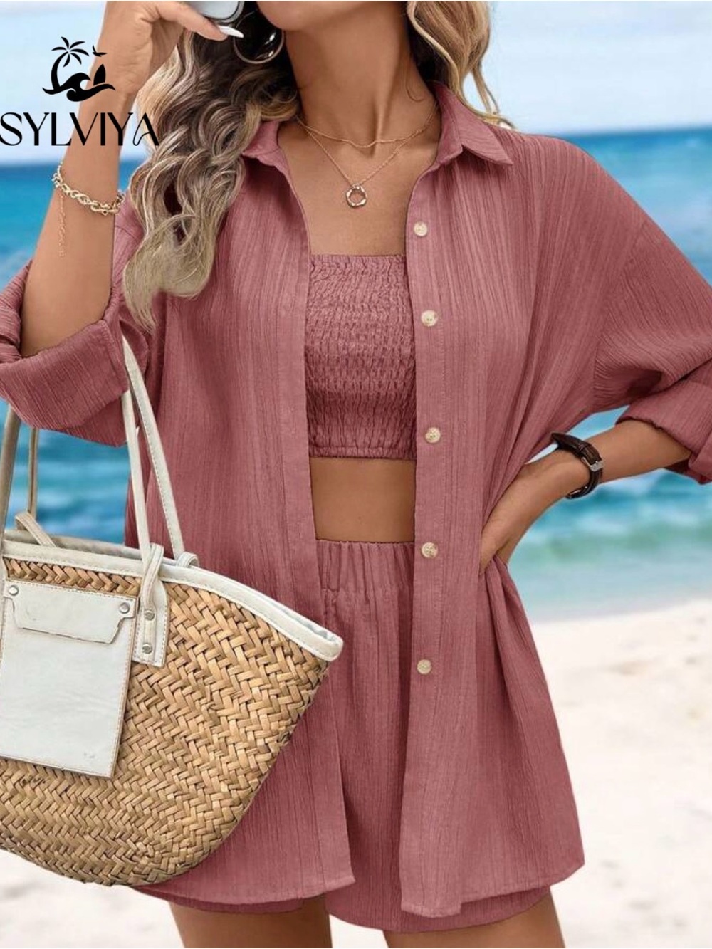 SYLVIYA Women's Rose Dust 3-Piece Short Set